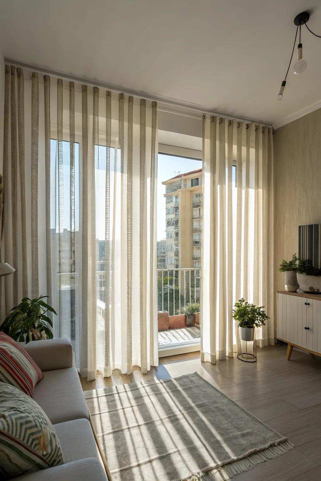 Striped window coverings offer timeless style and height.