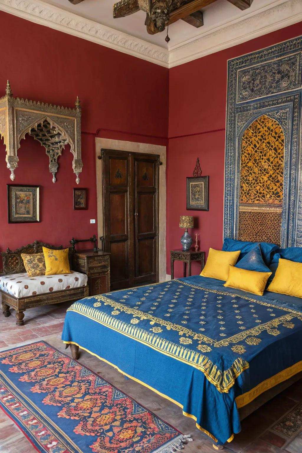 Strong hues transform this bedroom into an energetic escape.