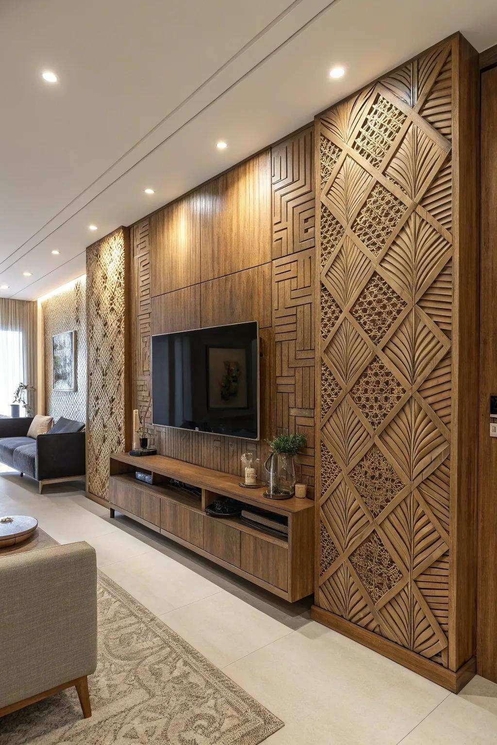 Structured decor introduces intensity and class to any TV wall.