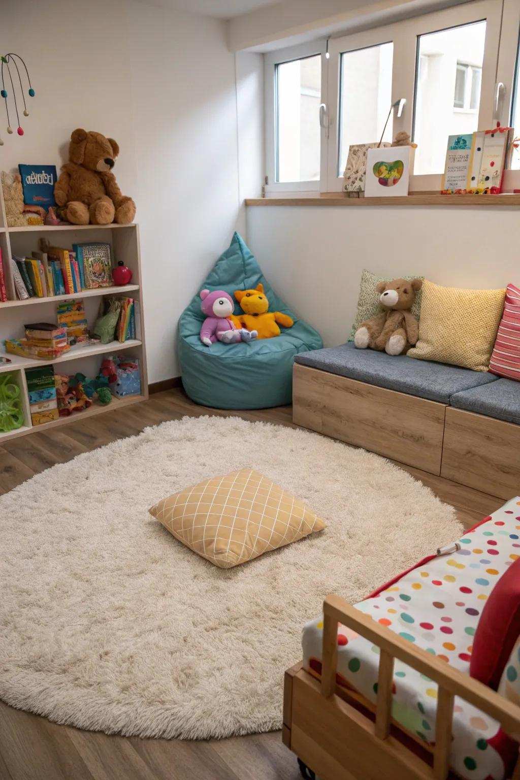 Stuffed mats define and soften the serene corner area.