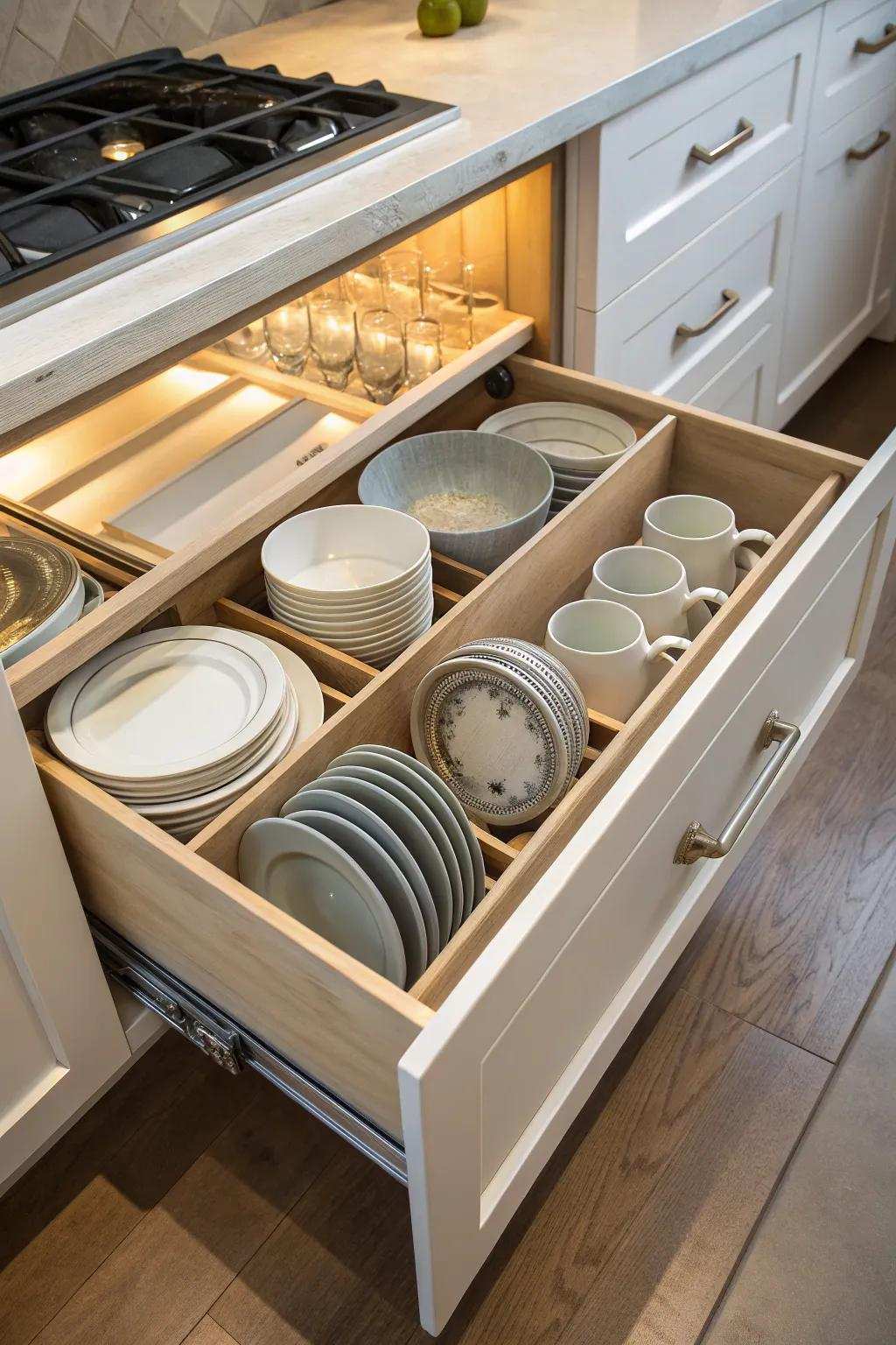 Sturdy dish drawers with customizable pegs for easy access.