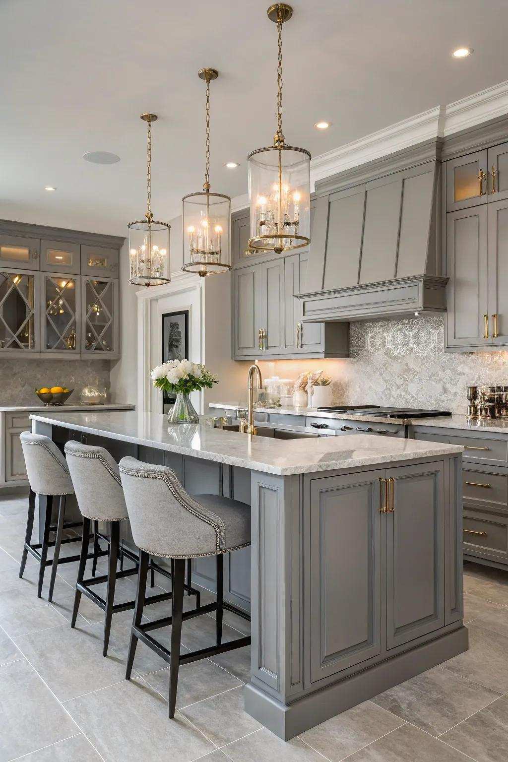 Stylish hanging lights enhance the sophistication of gray cabinets.