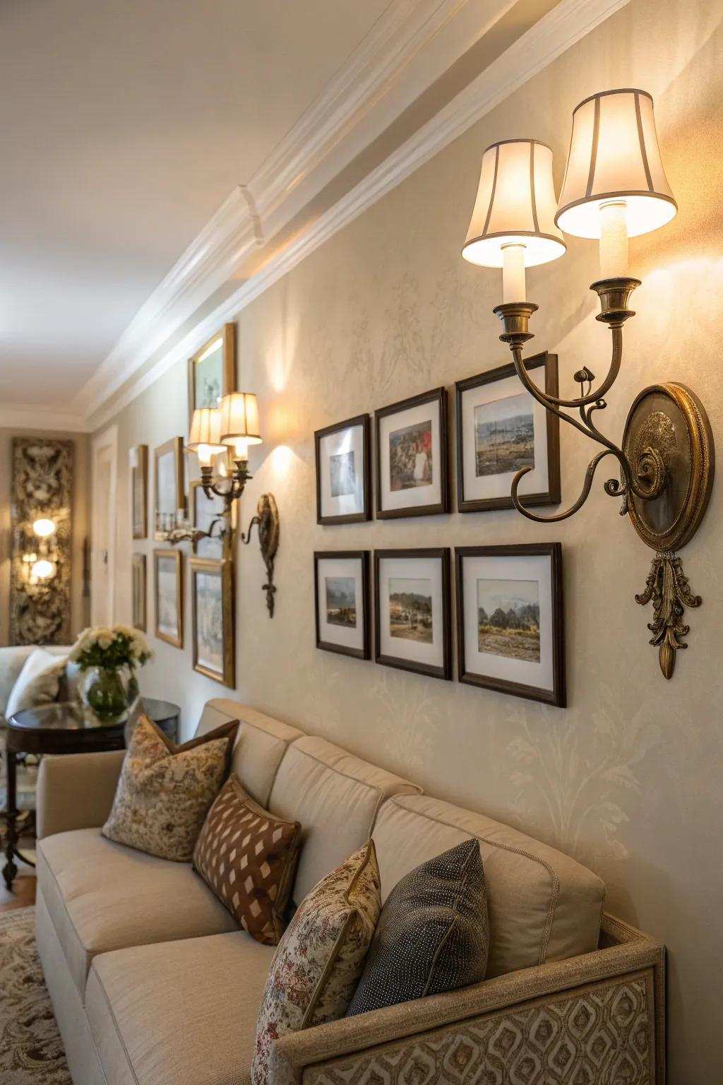 Stylish lights contribute atmospheric illumination to the family room.