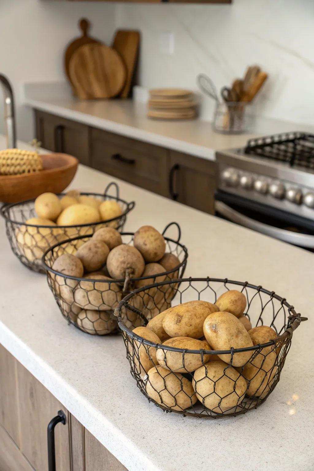 Stylish metal baskets provide fashionable potato stowage.
