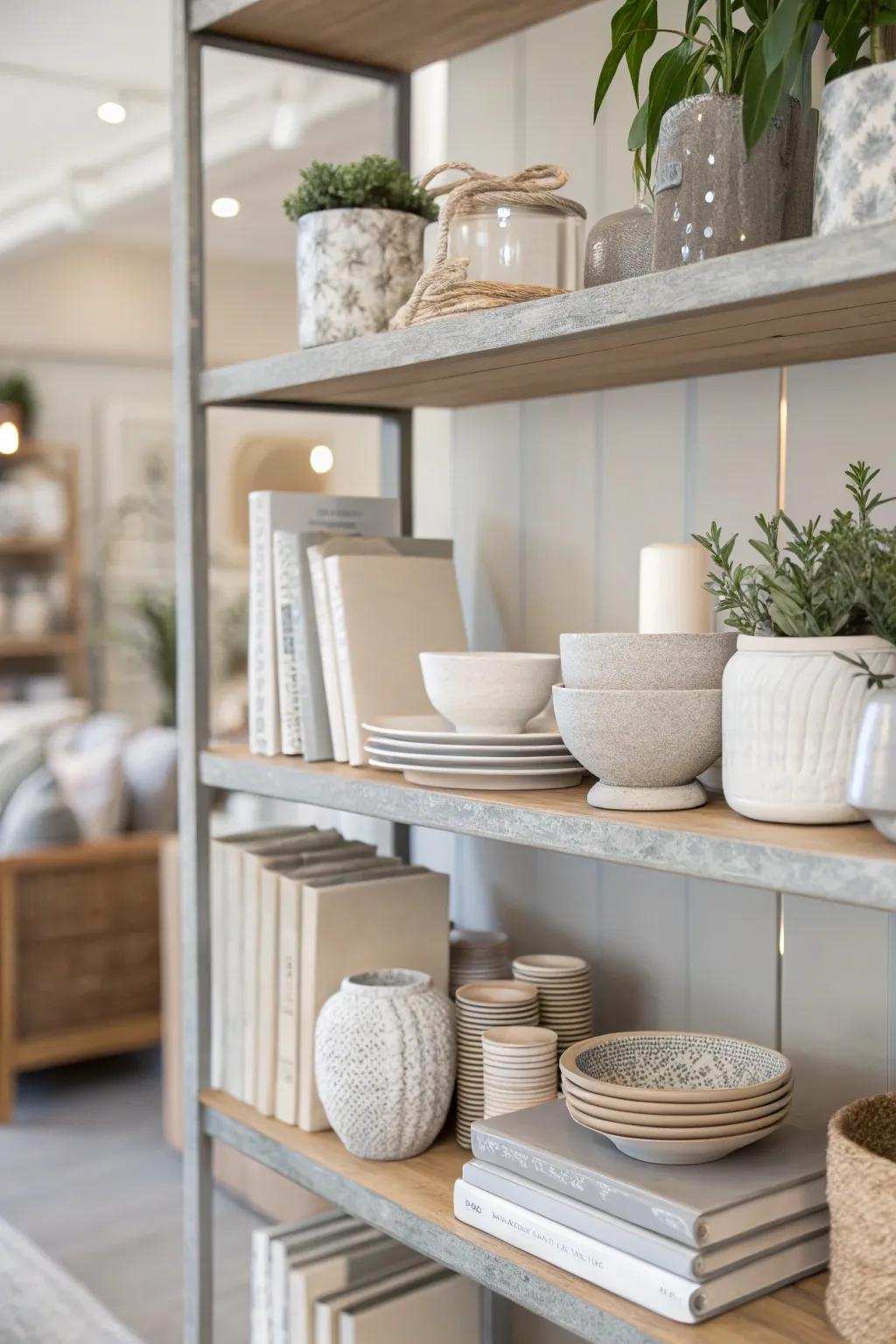 Subdued hues result in a harmonious and timeless shelf presentation.