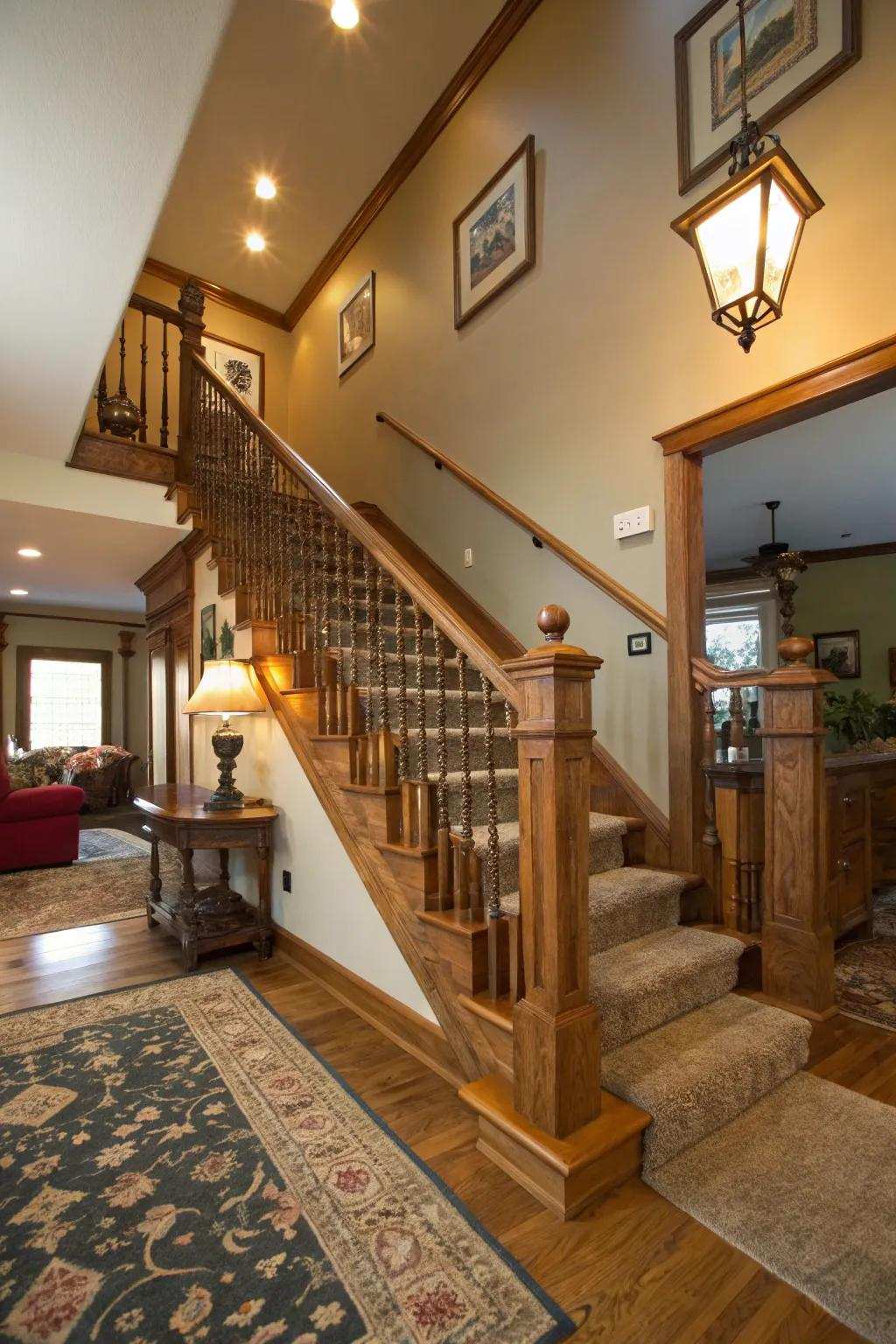 Substantial timber uprights contribute to the warmth and stability of a country staircase.