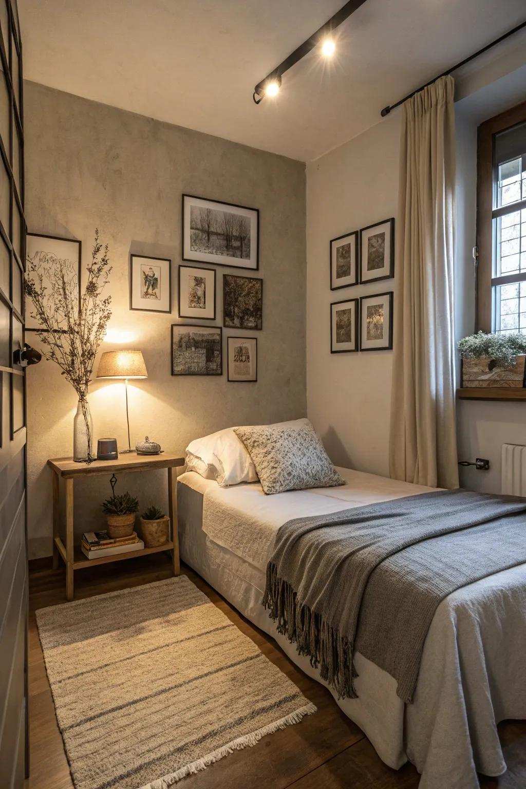 Subtle shades establish a calm setting in snug modern small bedrooms.