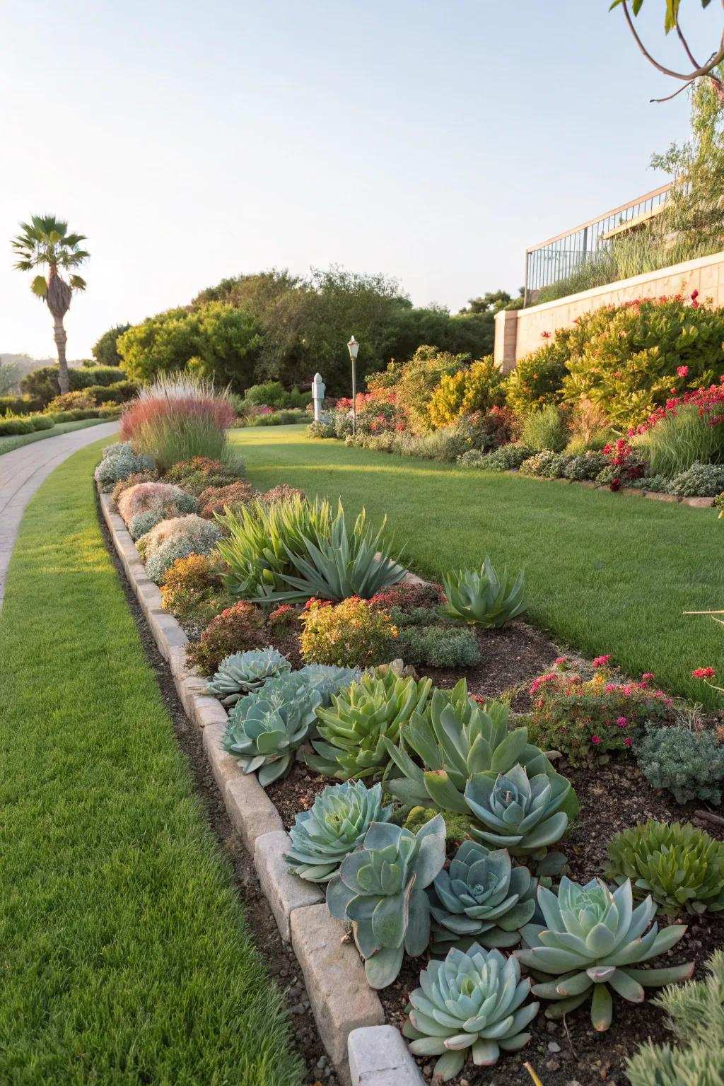 Succulent borders contribute to garden structure.