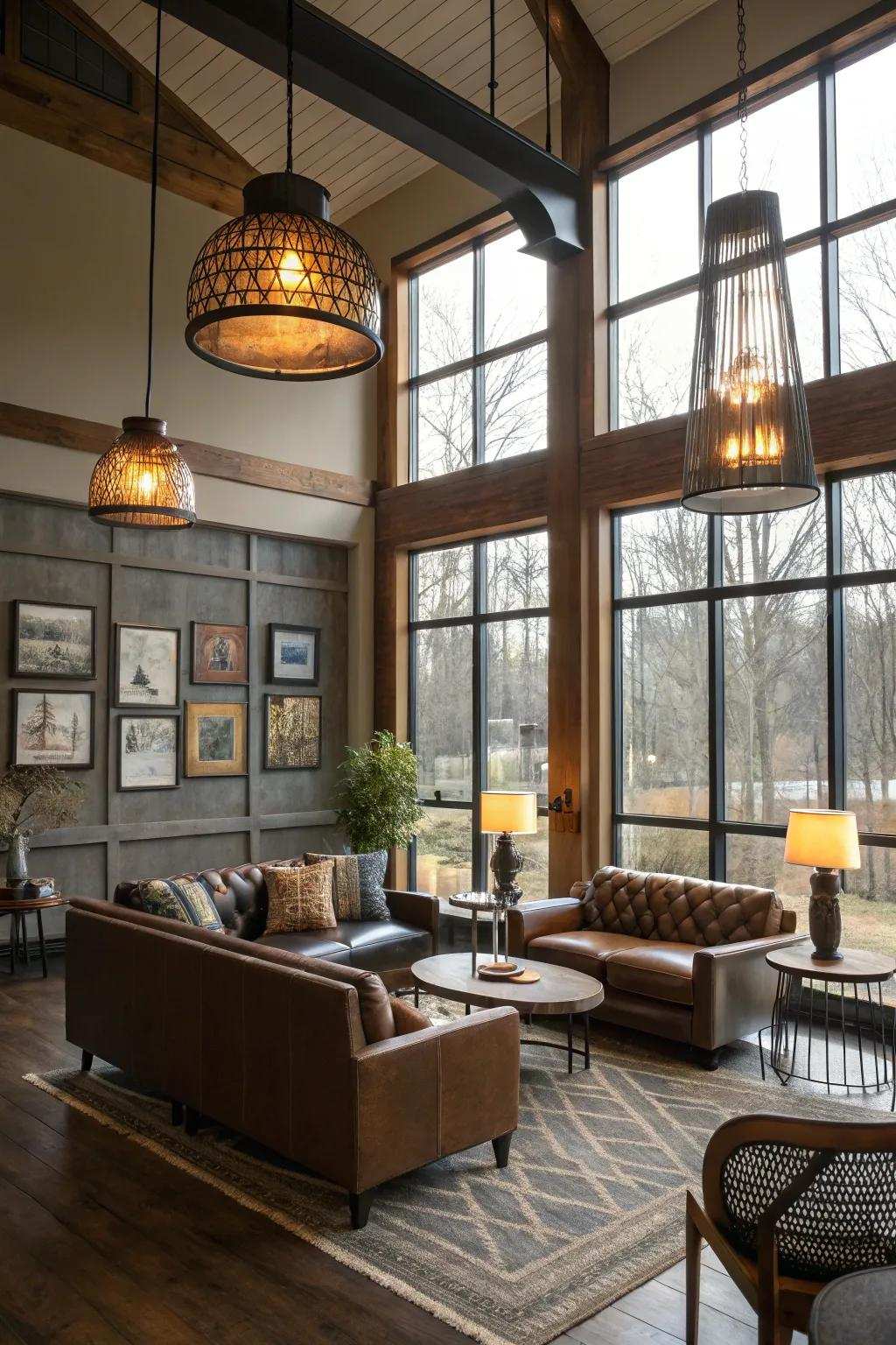 Sunlight and artificial light combine to illuminate the den.