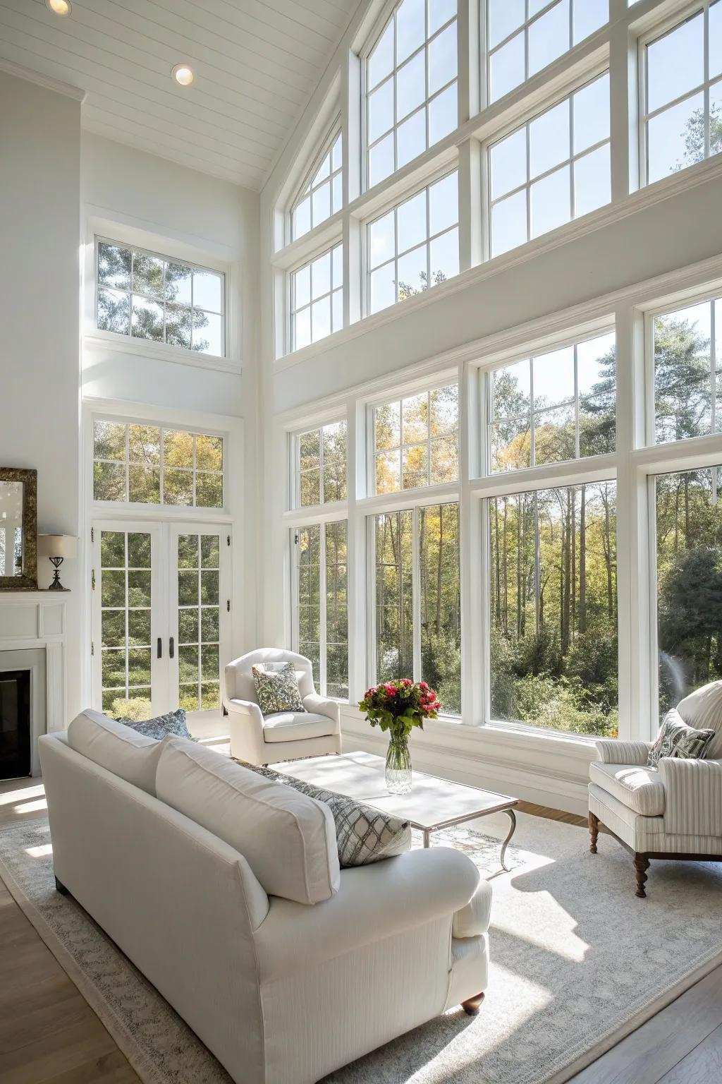 Sunlight elevates the elegance of a white living space.