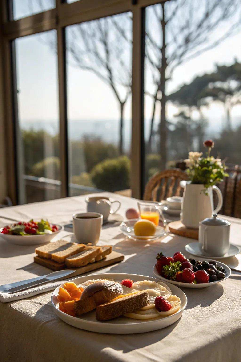 Sunlight enhancing a breakfast table by the window.