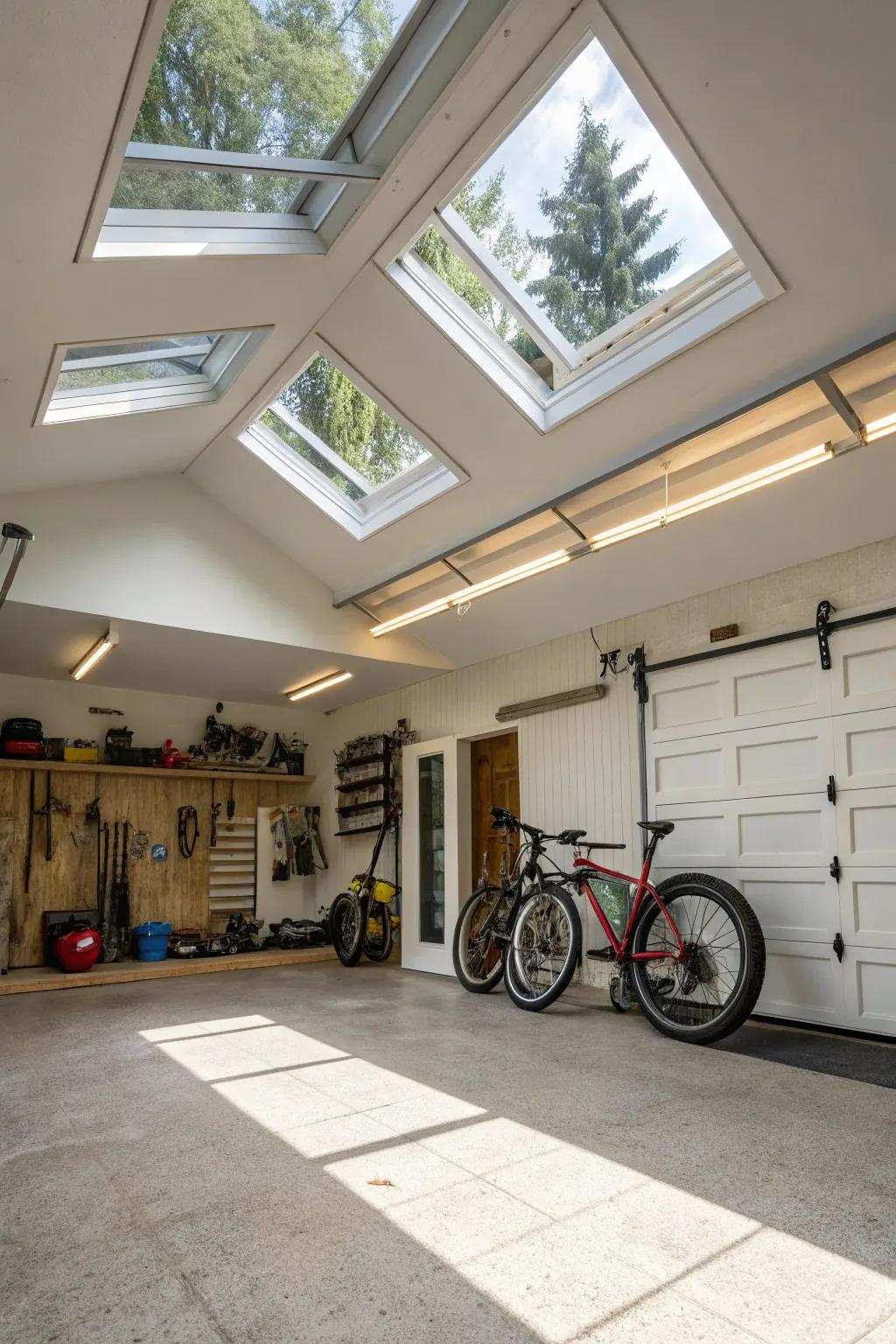 Sunlight filters into the garage through thoughtfully positioned skylights.