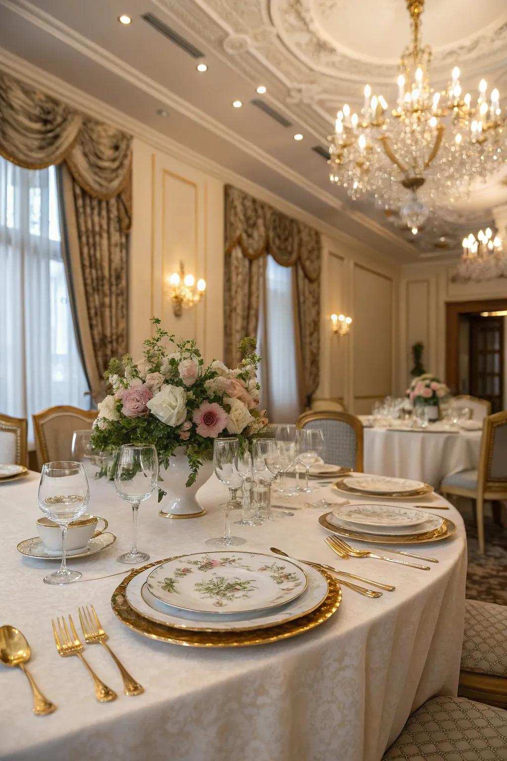 Superior china and gold cutlery improve the table.