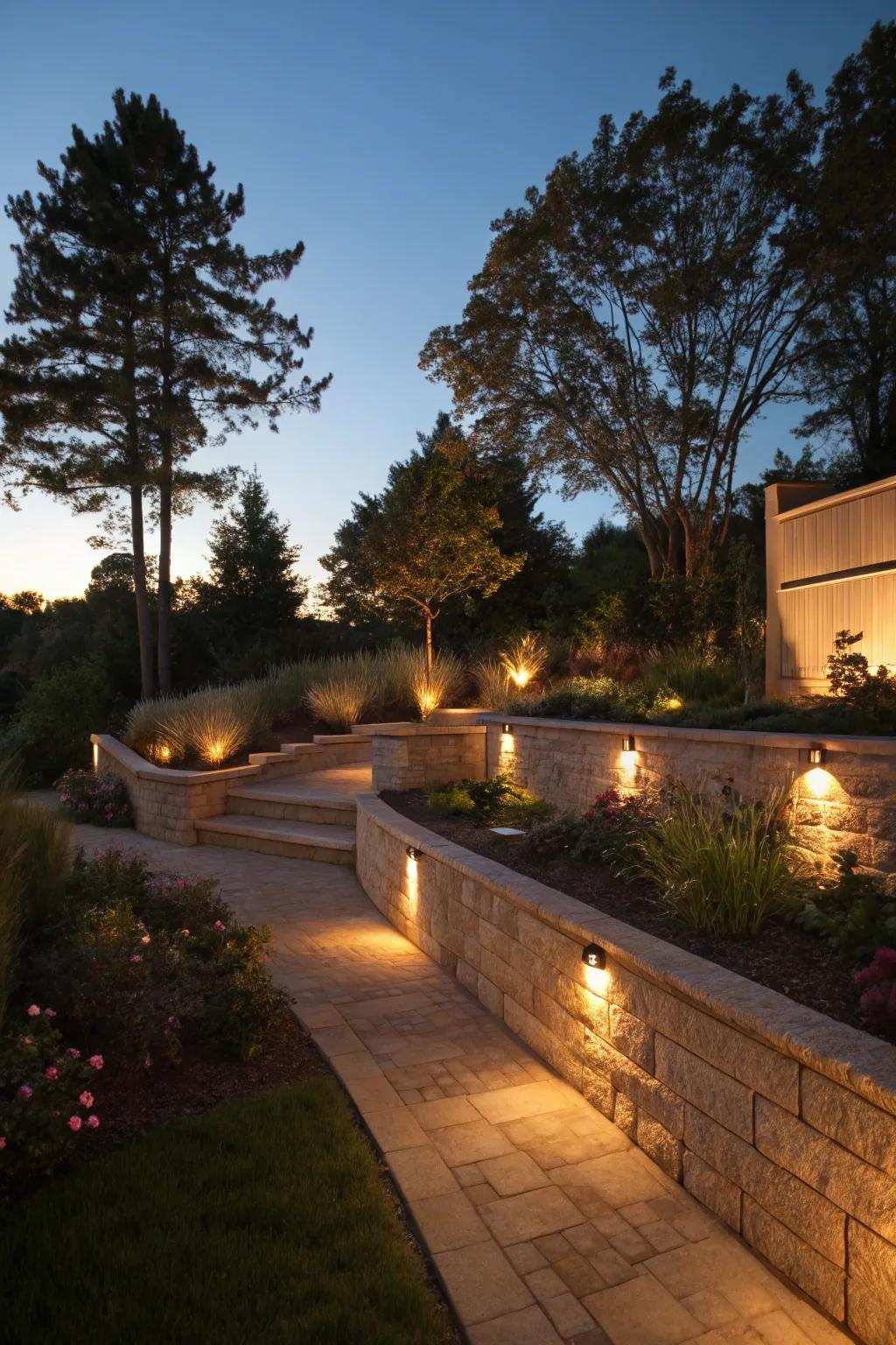 Supportive walls beautifully illuminated with decorative lighting.