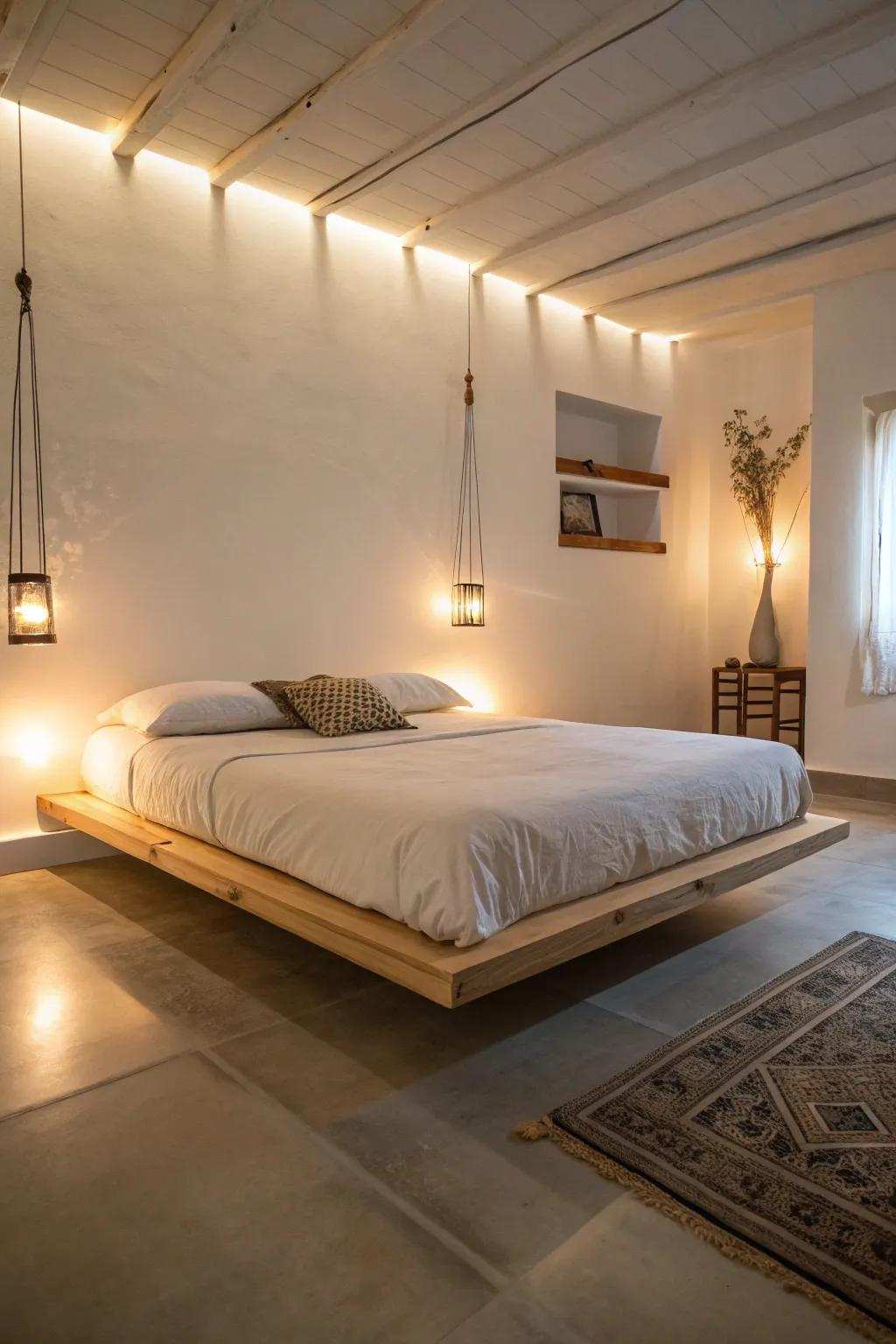 Suspended bed structure creating a spacious and contemporary sleeping environment