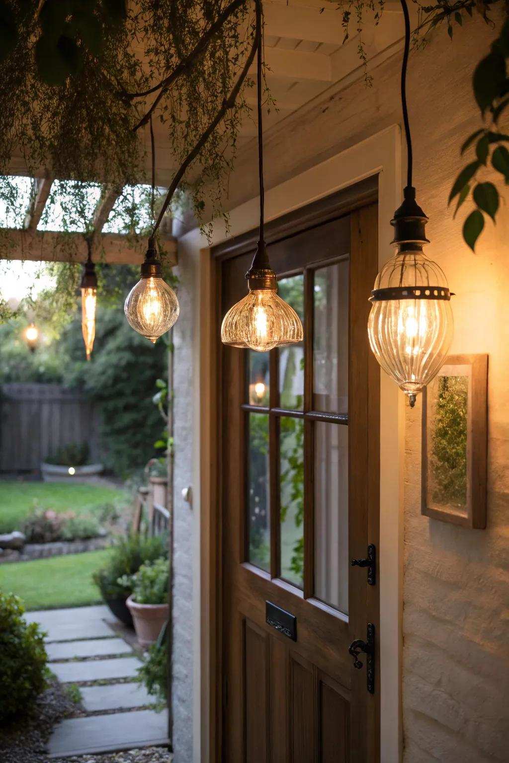 Suspended pendant lights establish a focal point above the back door.