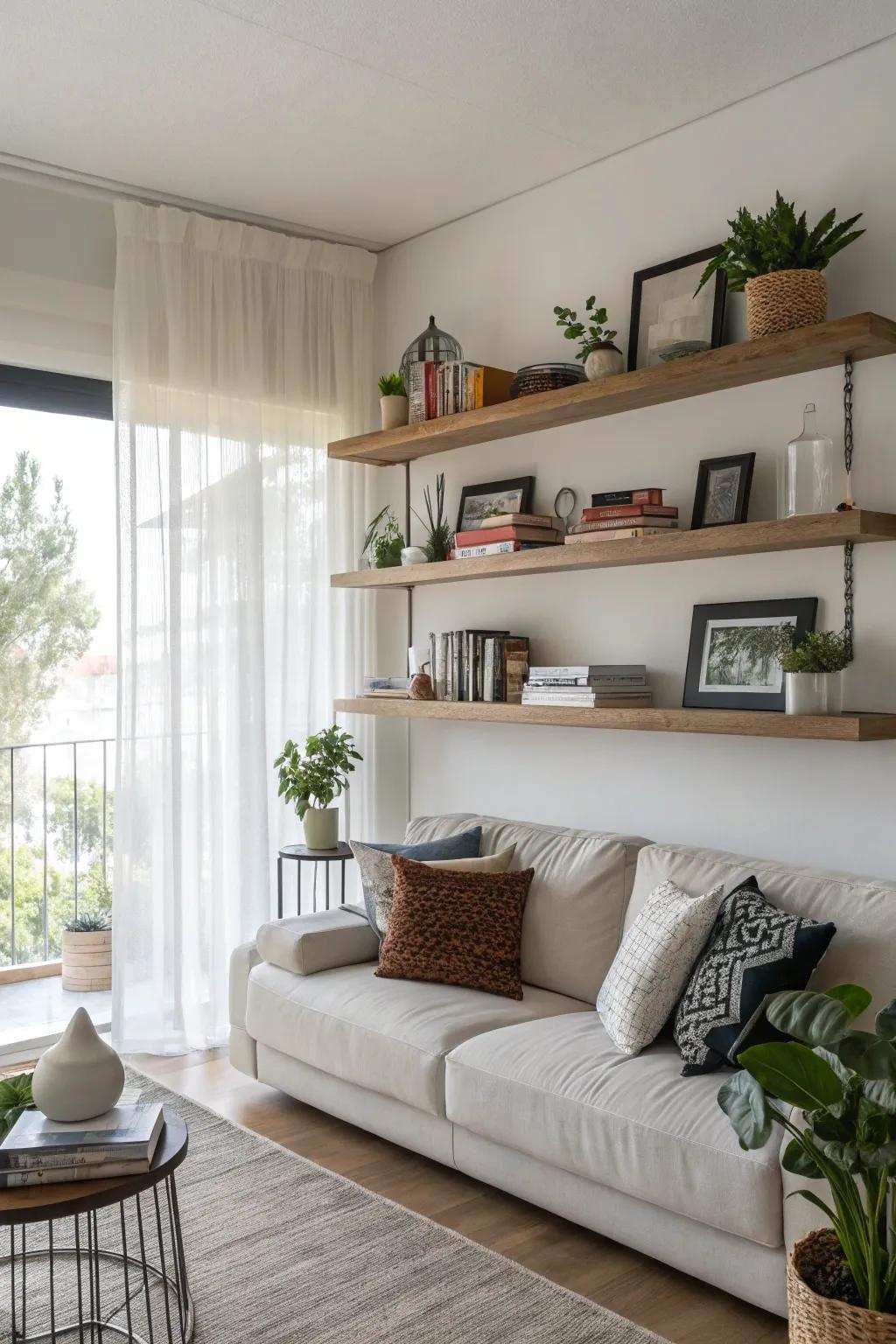 Suspended shelves afford both storage and panache.