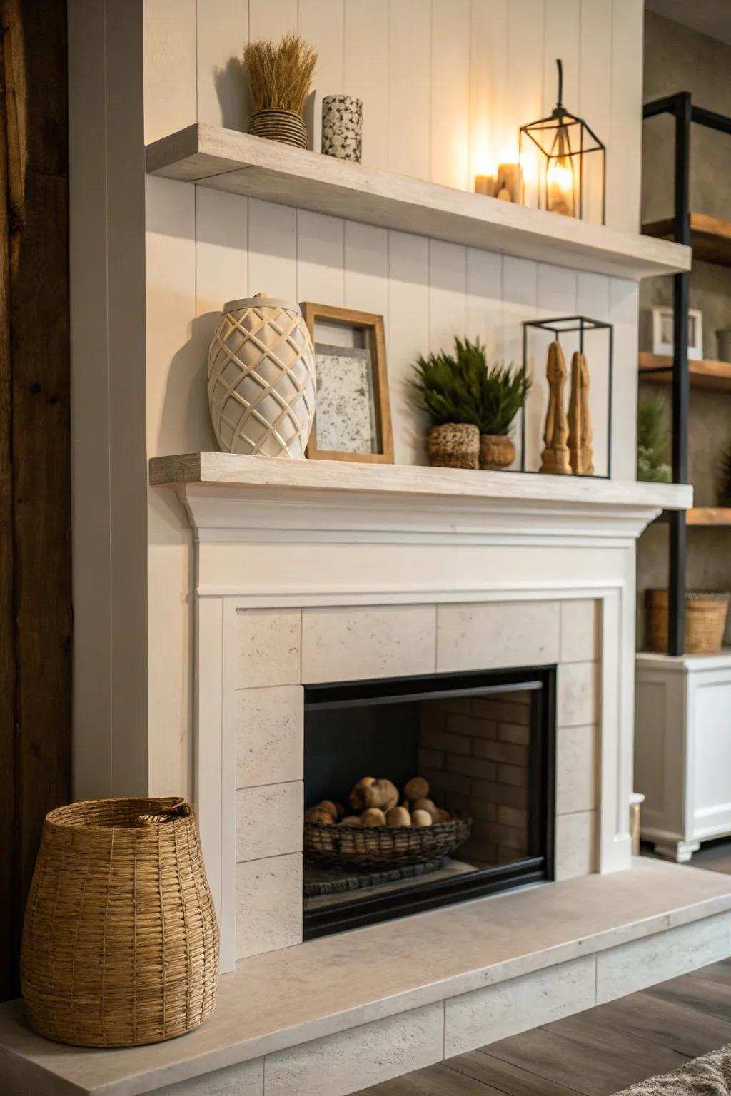 Suspended shelves provide a sleek, modern look around the fireplace.