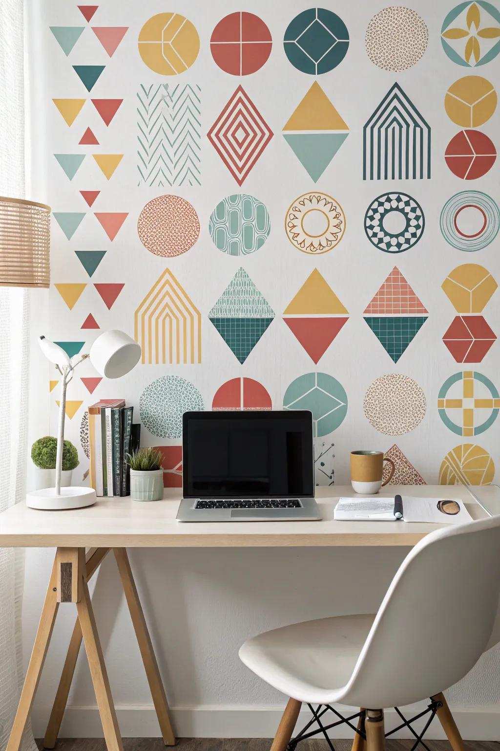 Symmetric stickers rendering an elegant backdrop within a home office.