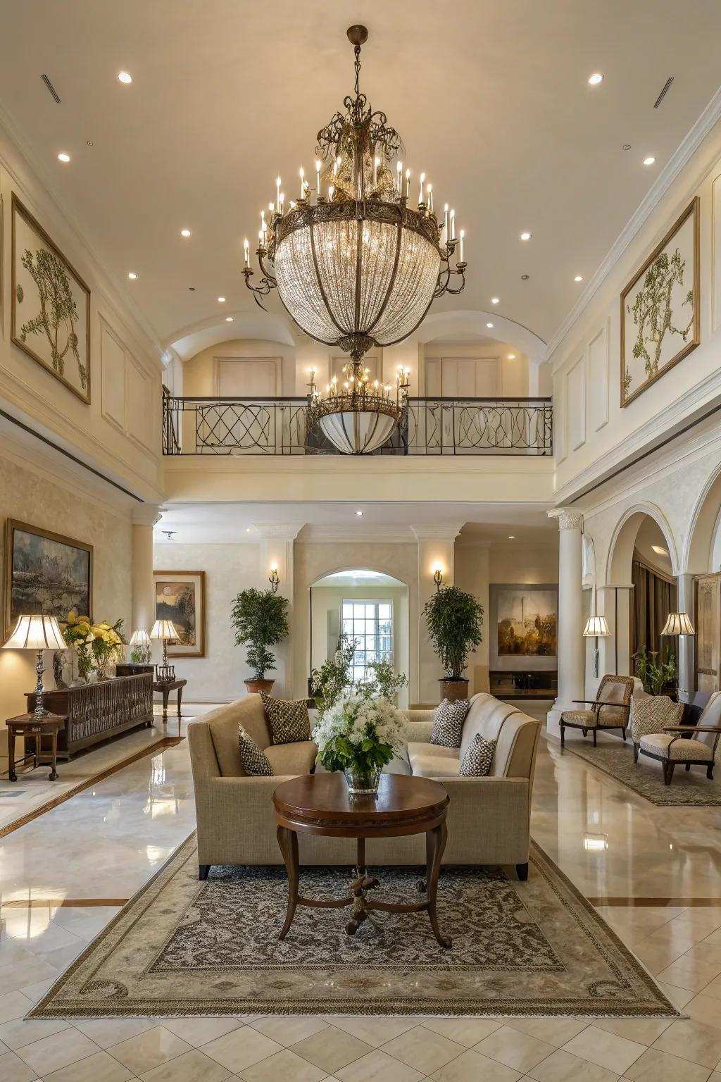 Symmetrical arrangements craft a balanced and harmonious grand entryway.