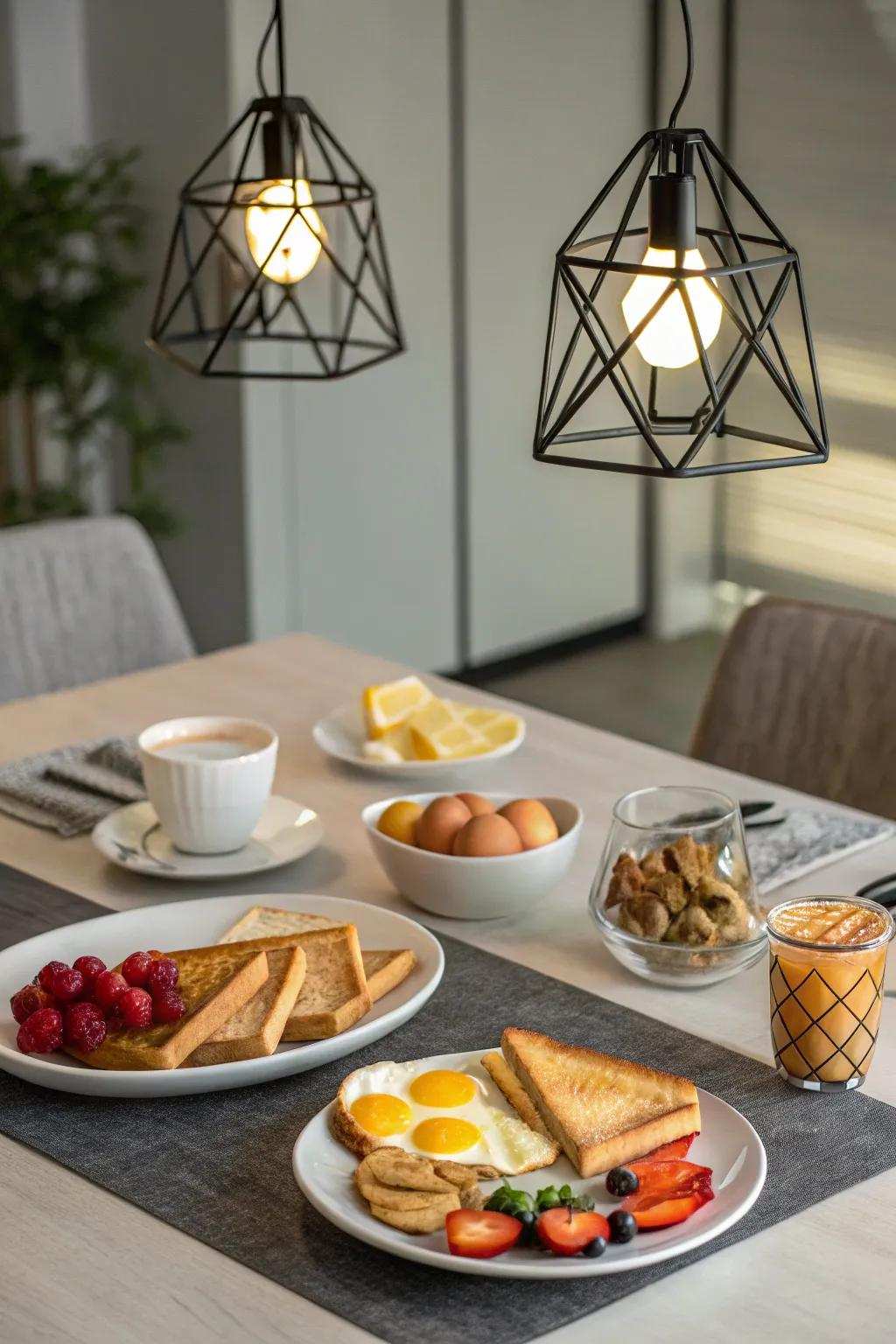 Symmetrical illumination installations establishing a modern sharpness in a breakfast area.