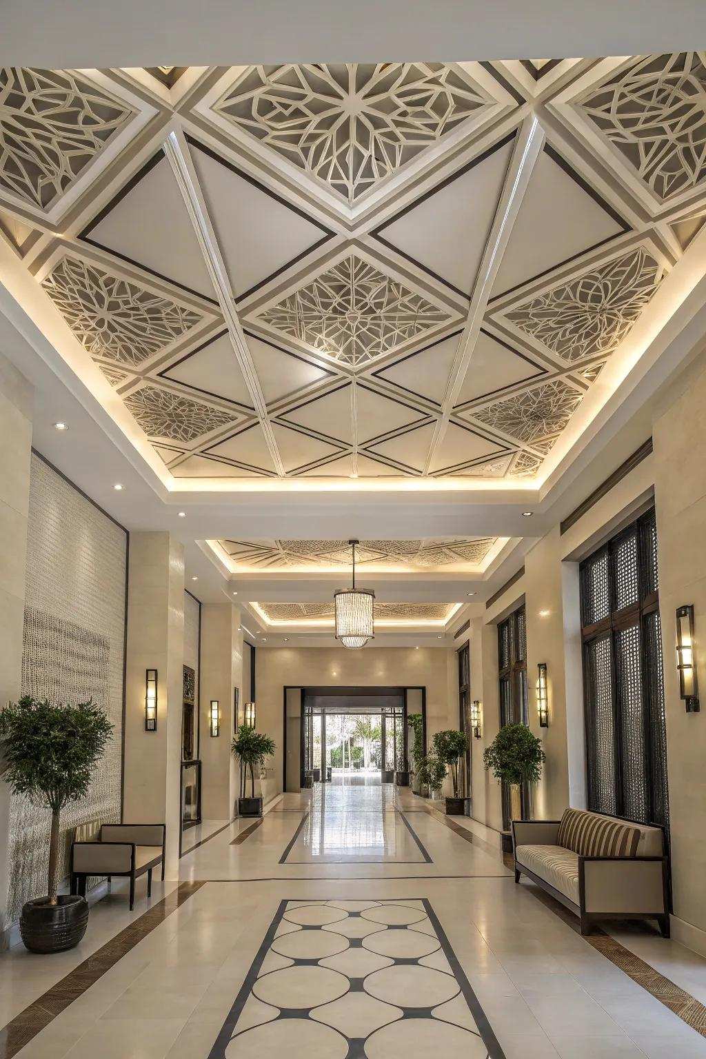 Symmetrical layouts offer a modern aesthetic to ceiling designs.