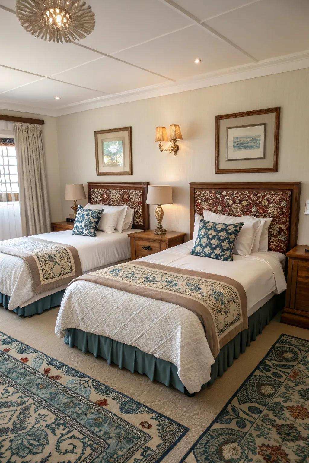 Symmetrical twin beds craft a balanced and refined visual.