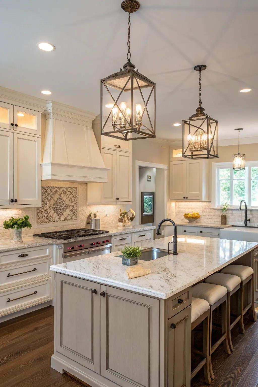 Symmetry enhances the kitchen's harmony.