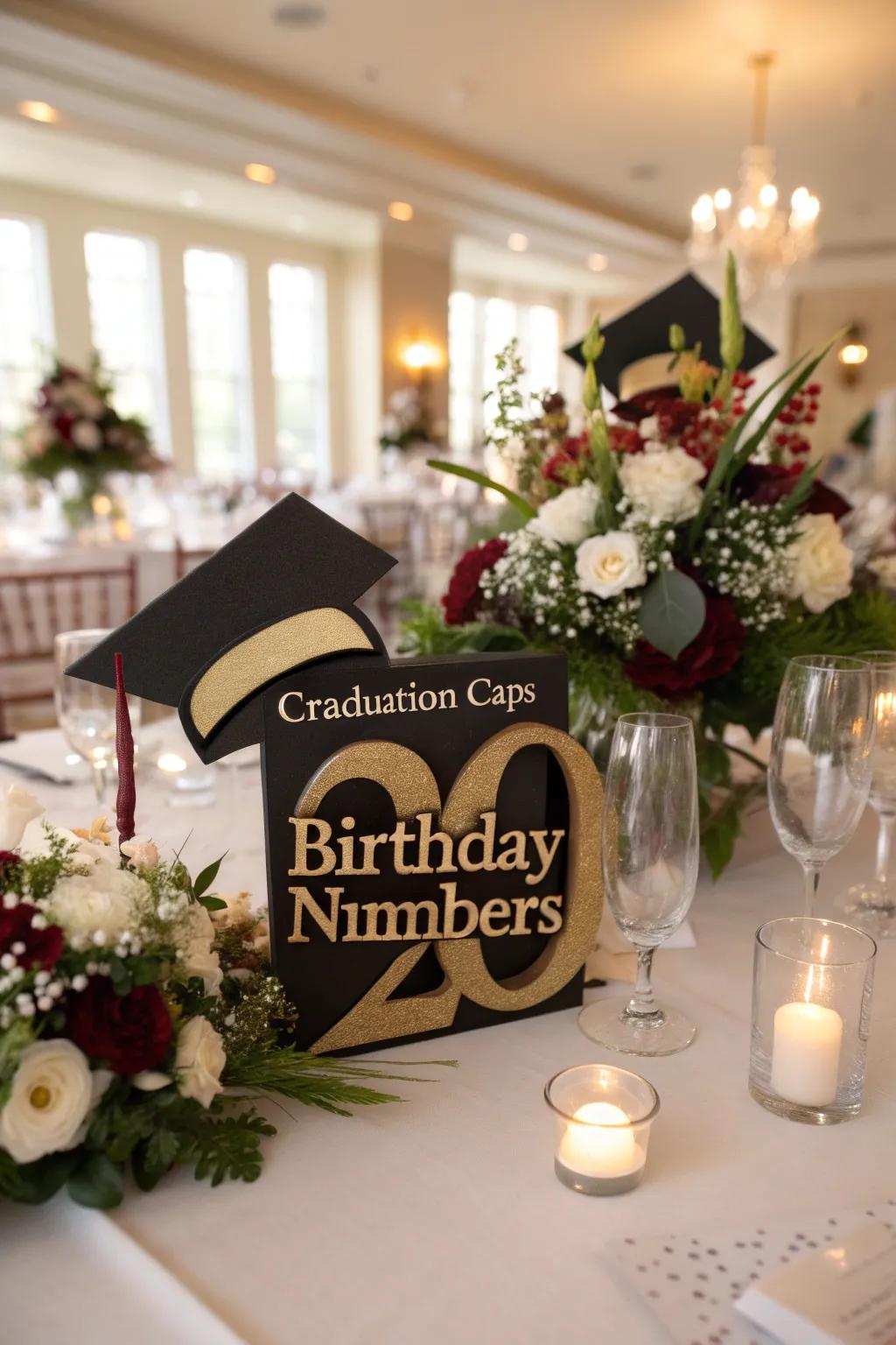 Table decor combining graduation caps and birthday numbers for a joint party.