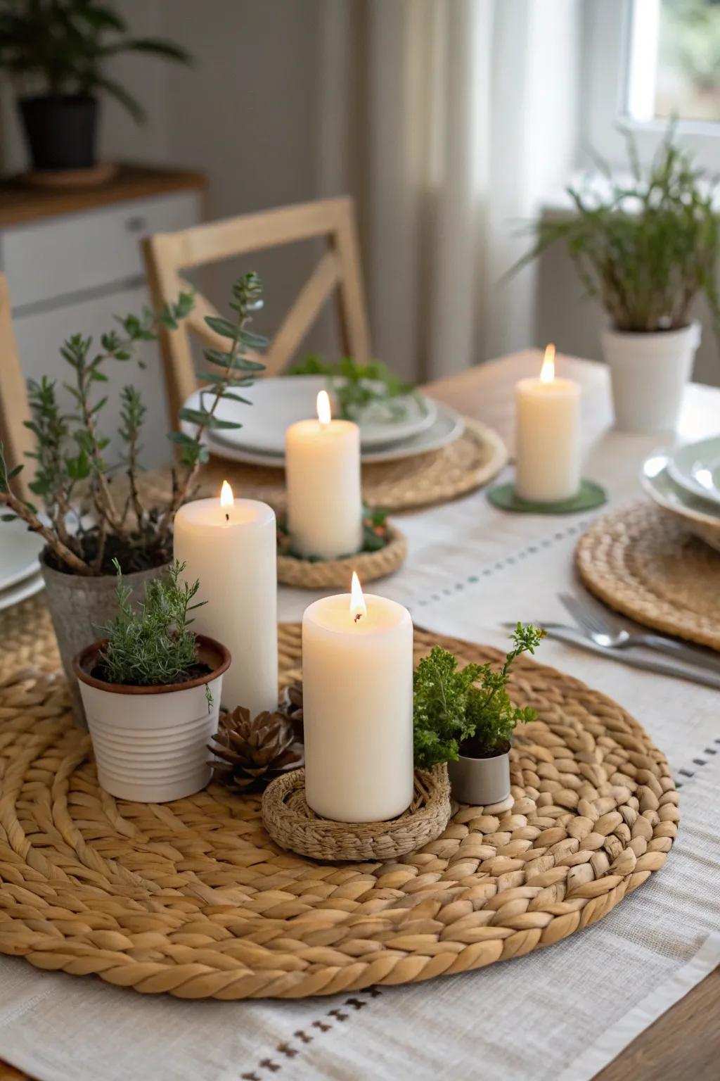 Tactile charm using a woven mat centerpiece base.