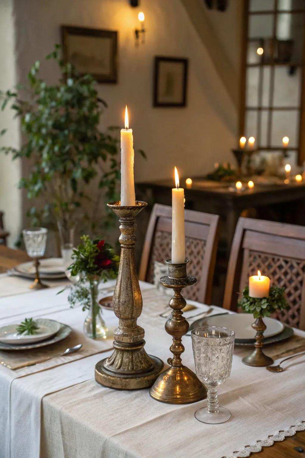 Tapers in vintage holders create a warm and inviting atmosphere.