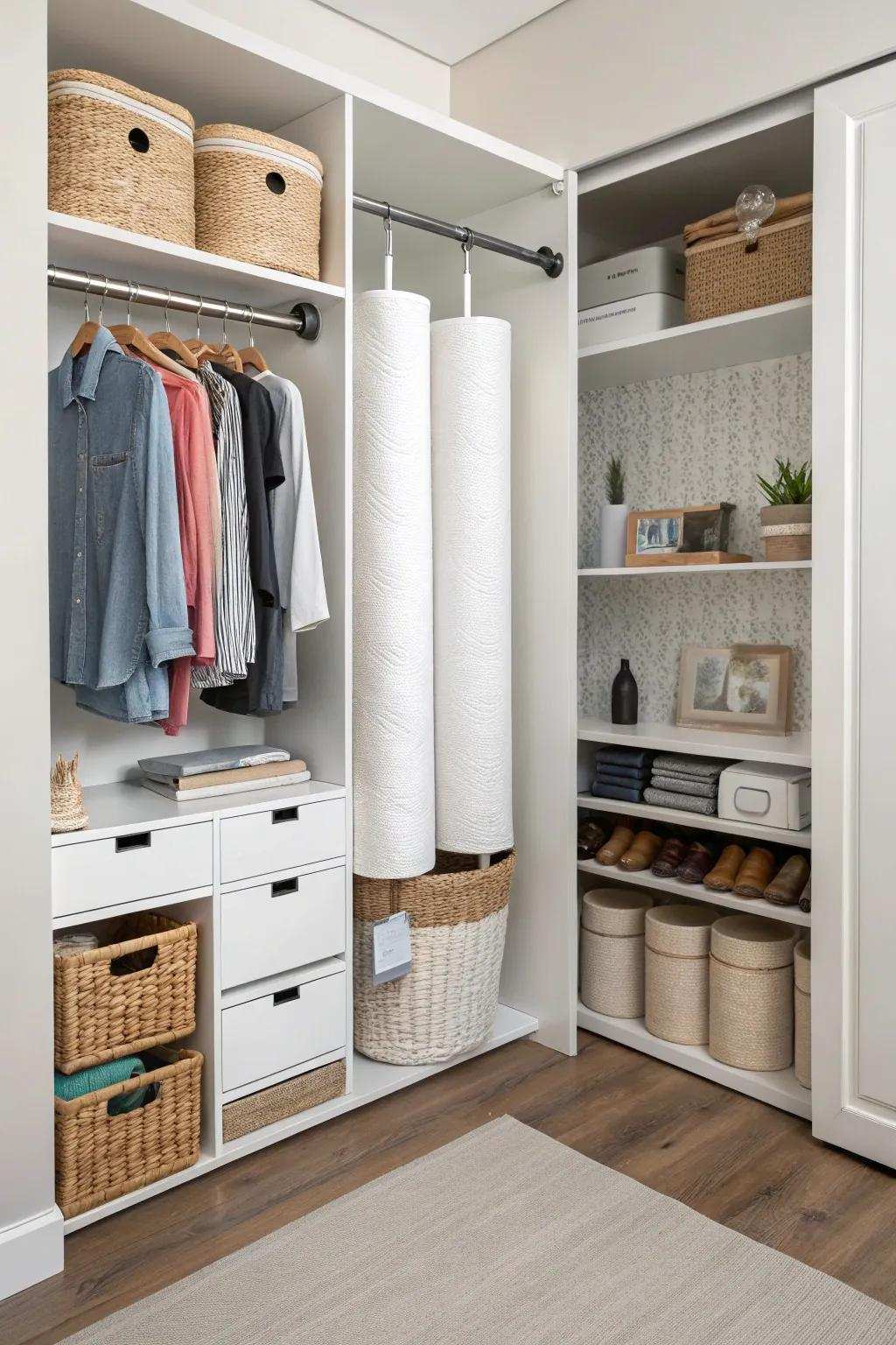 Tension-mounted rods efficiently suspend tissue paper rolls in a closet.