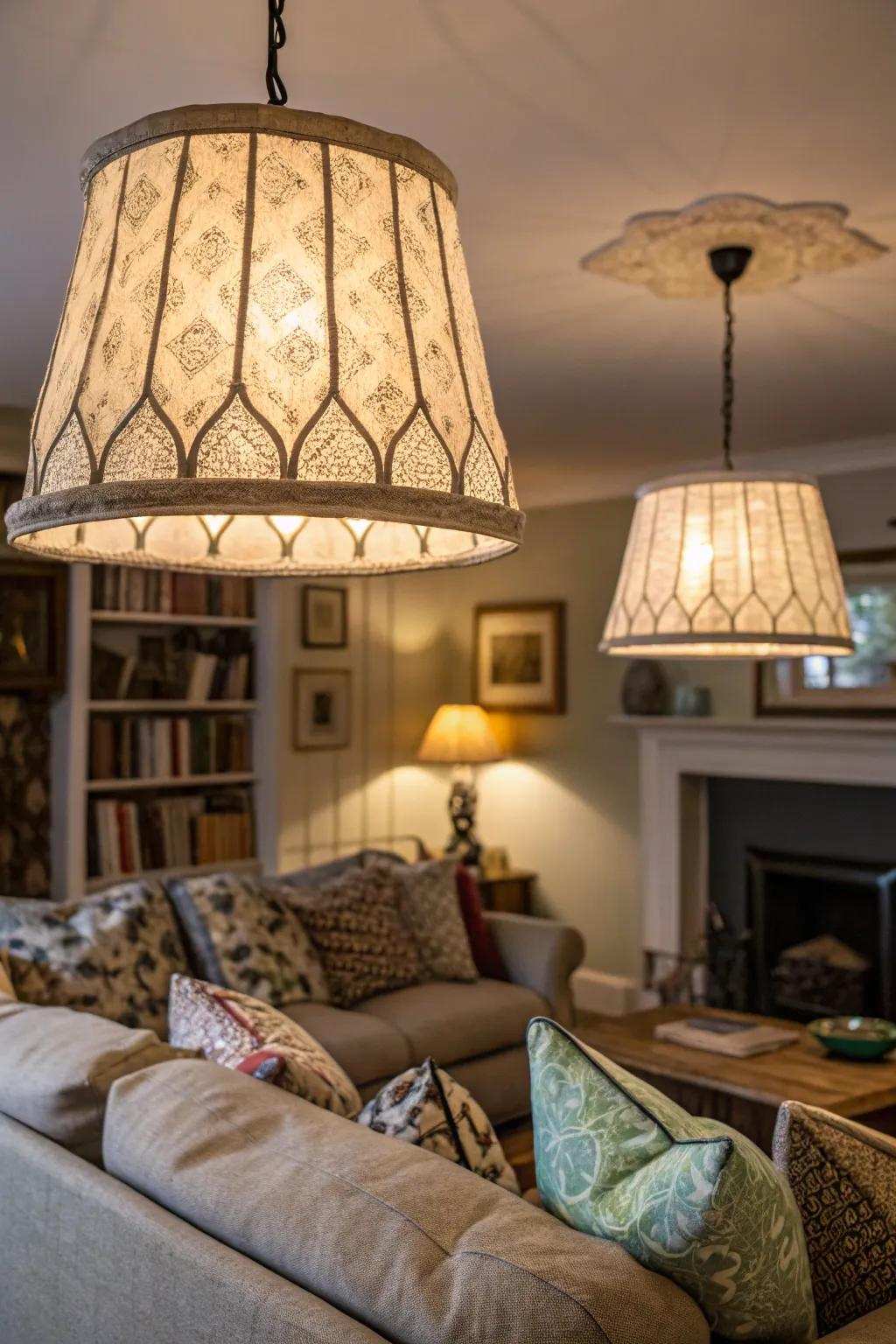 Textile shades cast a soft, warm light.