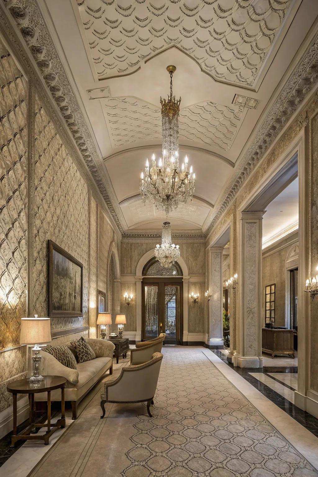 Textural elements introduce depth and warmth to a grand entryway.