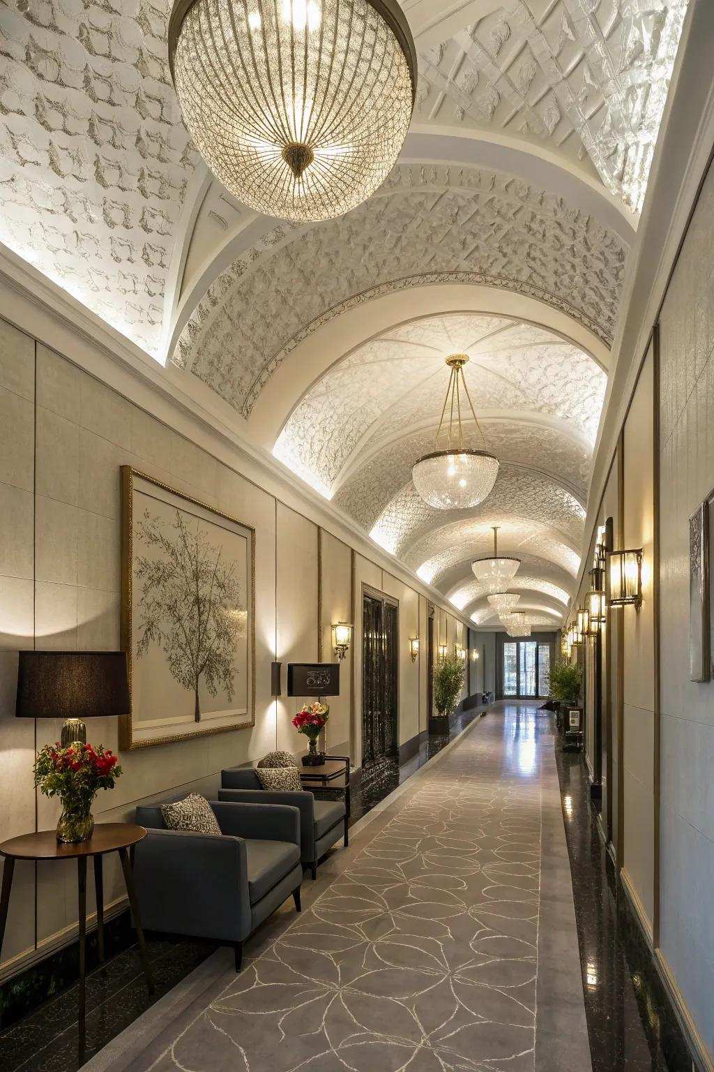 Textured ceiling designs introduce depth and a unique tactile element.