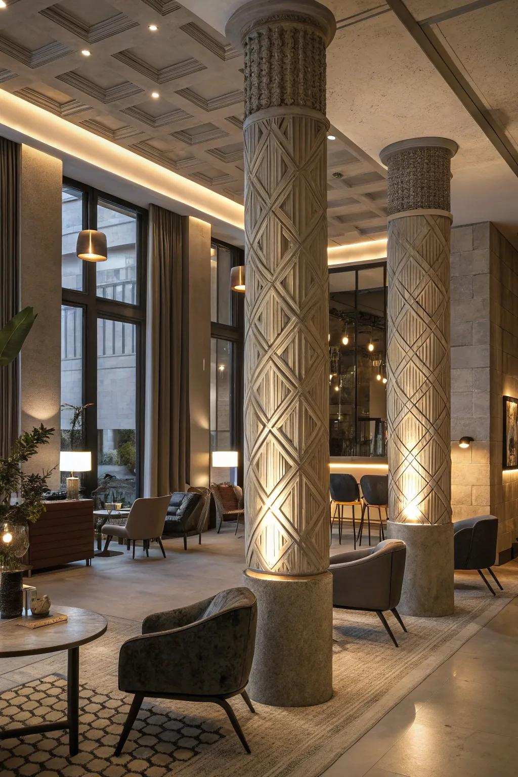 Textured columns adding depth and interest to a contemporary space.