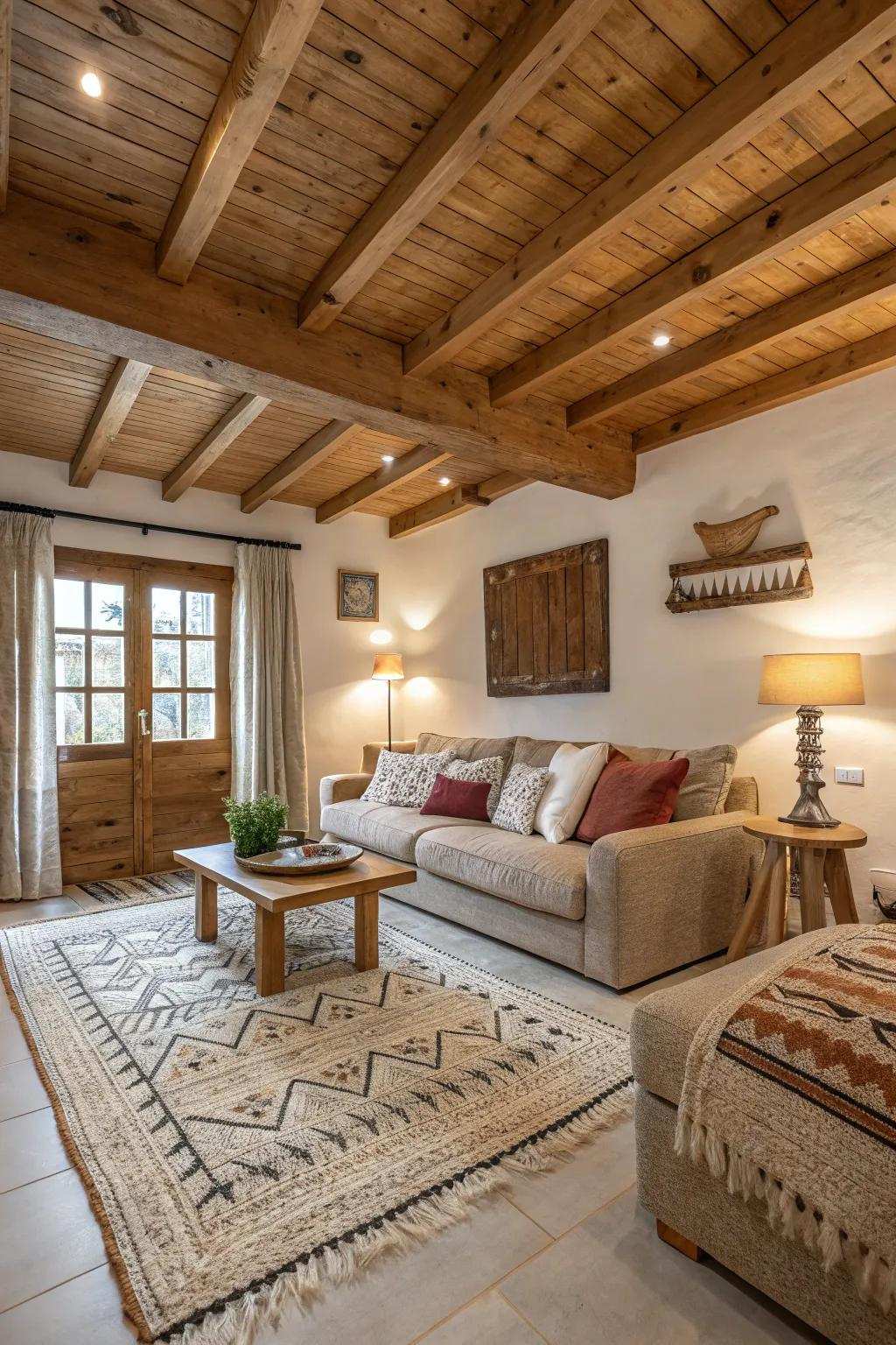 Textured elements adding comfort to a family room with timber supports.