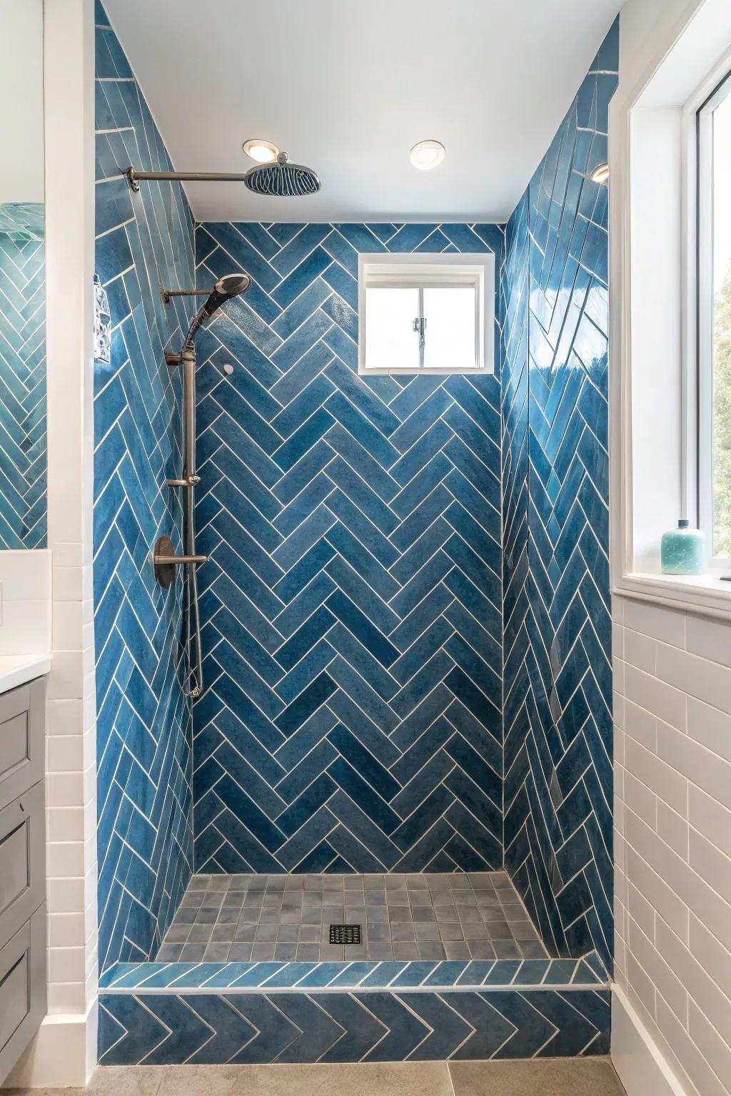 Textured herringbone azure tiles fashion a vigorous and compelling shower space.