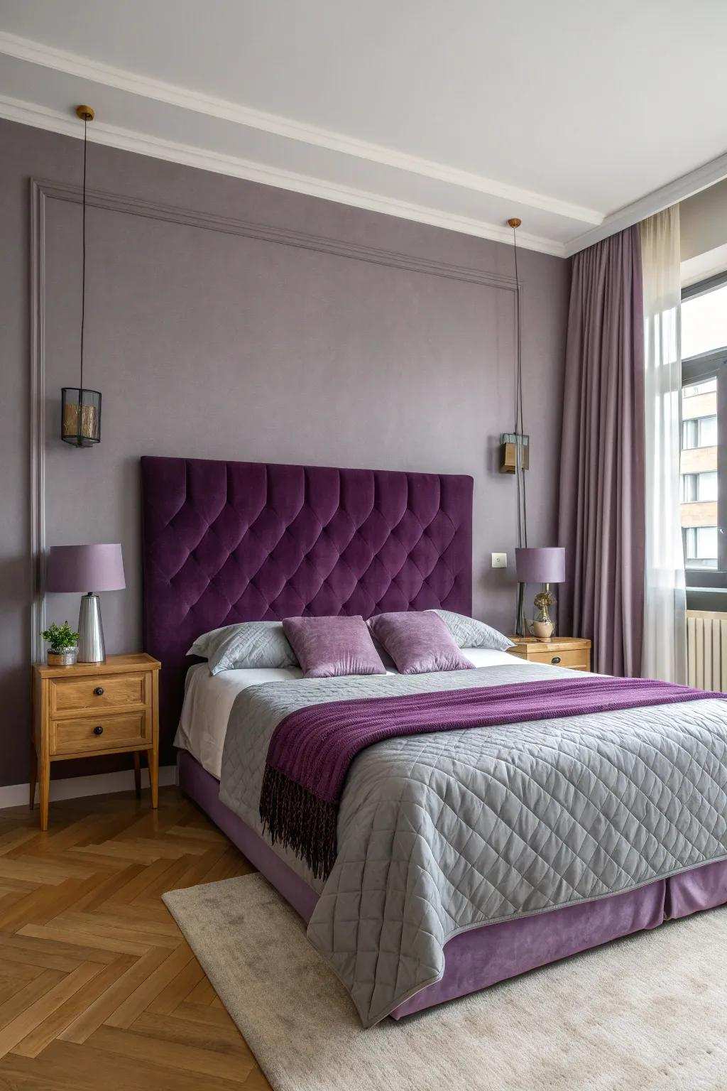 Textured materials and patterns contribute depth and luxury to your purple and grey bedroom.