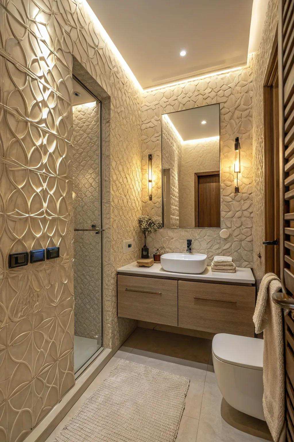 Textured panels introduce depth and refinement to your bathroom.