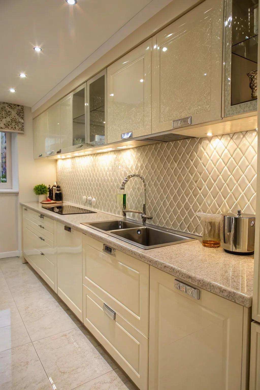 Textured tiles adding depth and interest to a cream gloss kitchen.