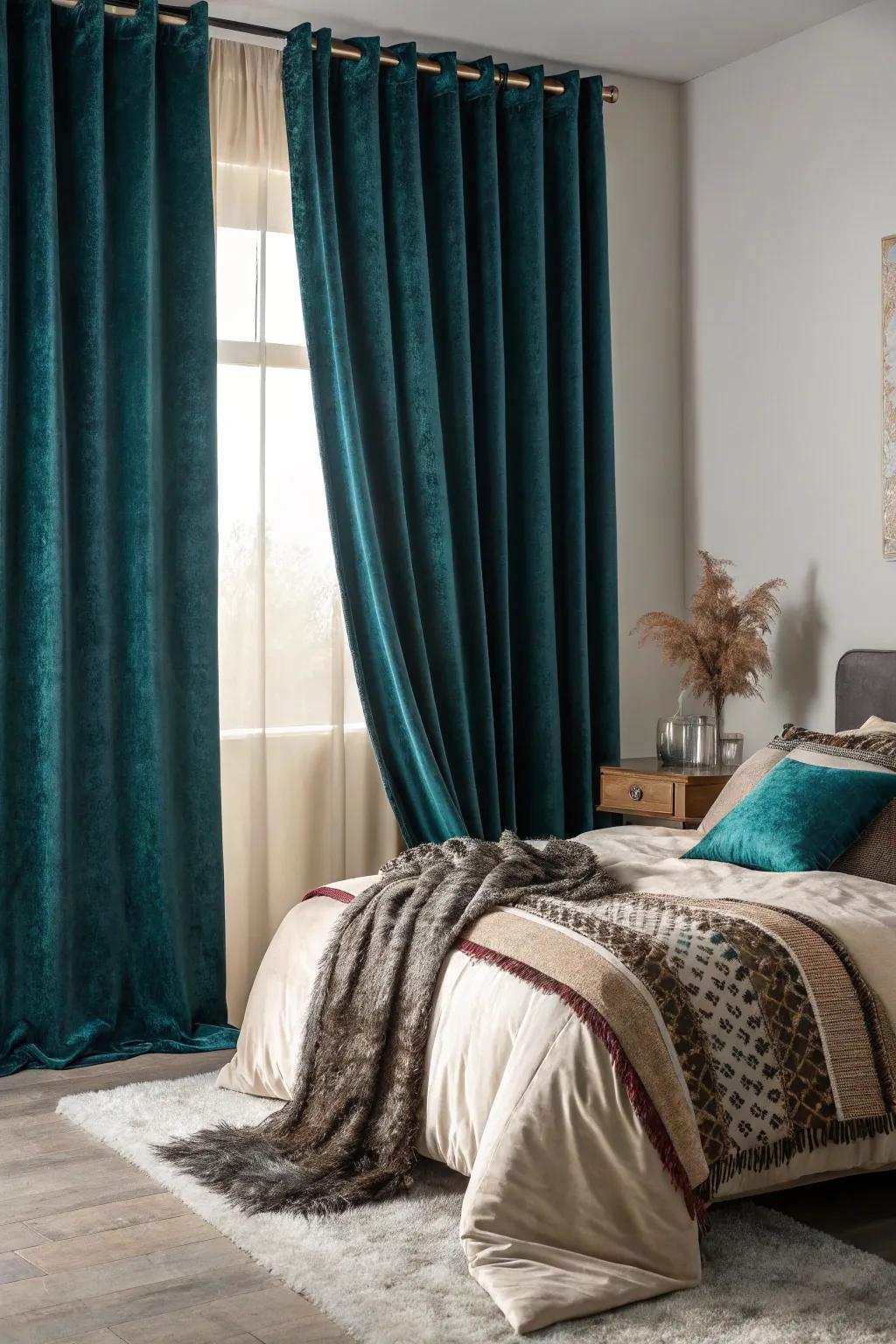Textures contribute an opulent layer of comfort to an inky teal area.