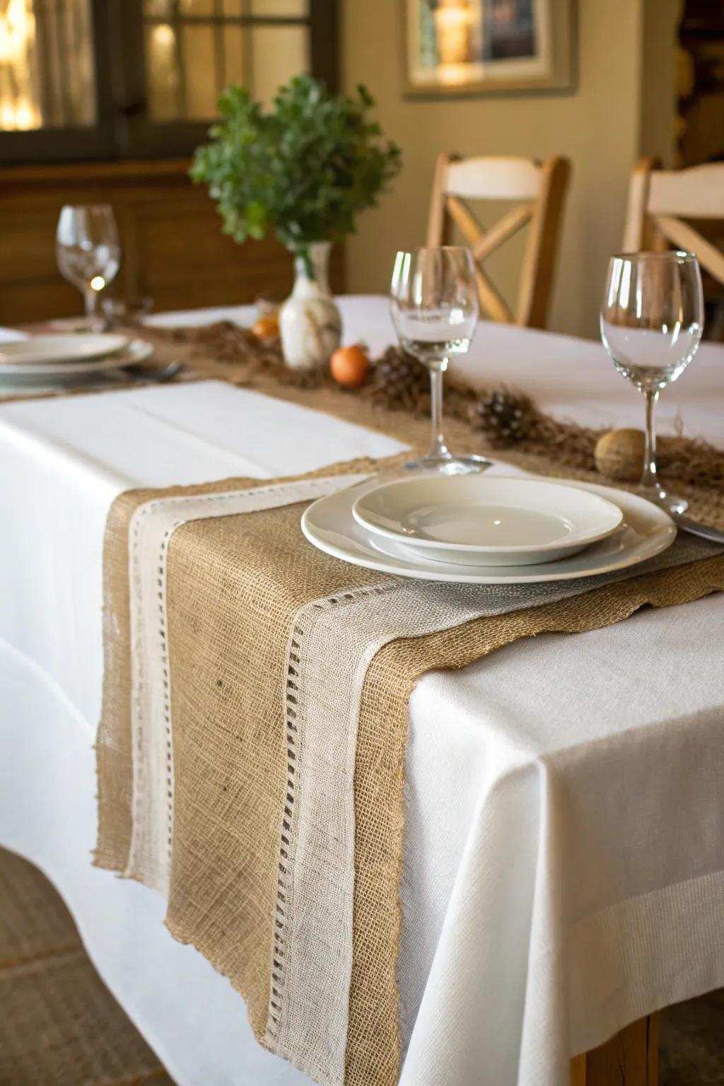 The art of layering textiles results in a visually appealing and welcoming table arrangement.