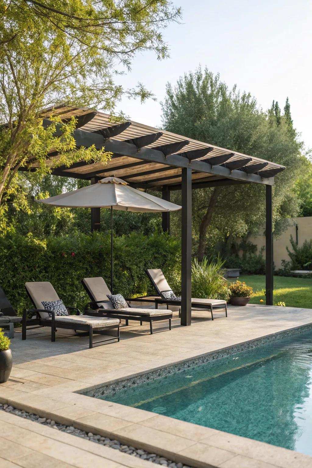 The augmentation of your poolside amusement is facilitated through the presence of shaded zones.