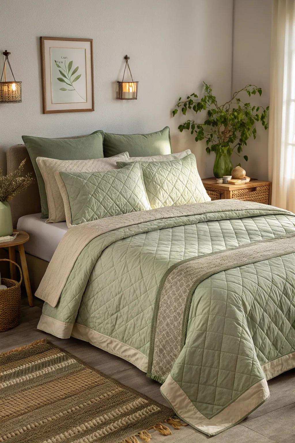 The combination of gentle green and beige creates a peaceful atmosphere.