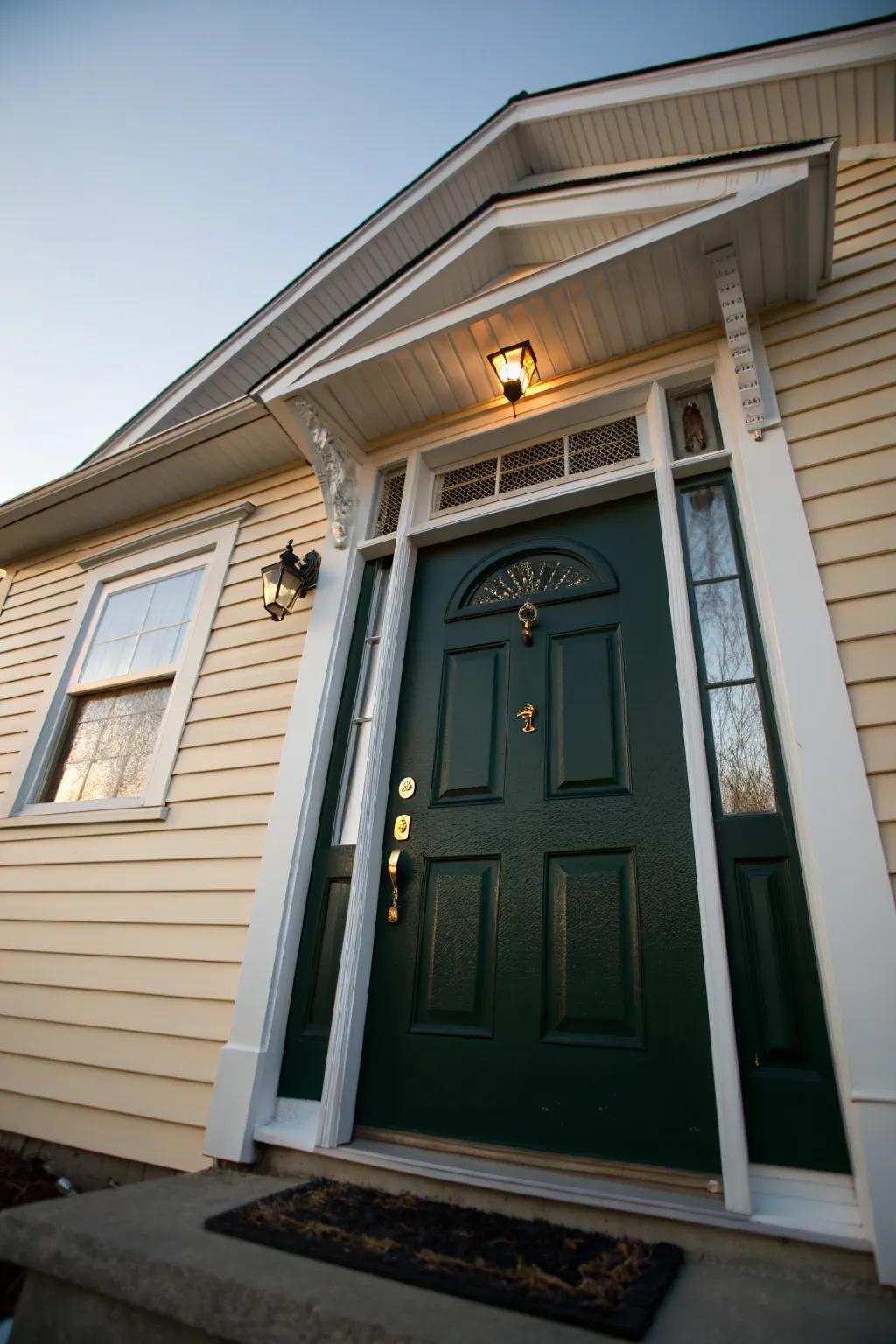 The dark green door presents a striking contrast against a light beige backdrop.