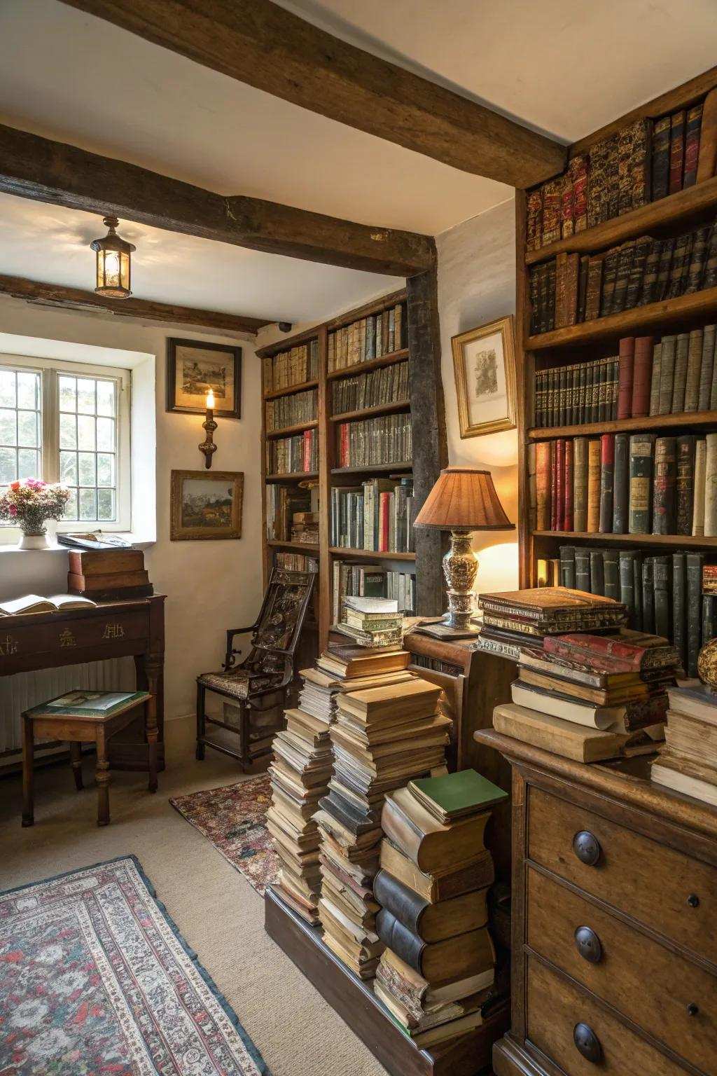 The display of old publications adds character and a scholarly vibe.