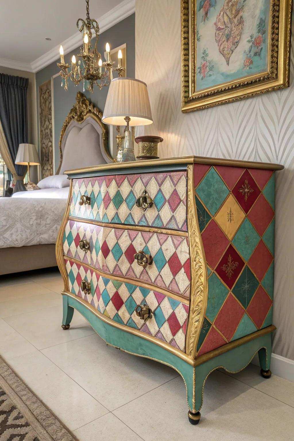 The fun appeal of a geometric-painted arched chest.