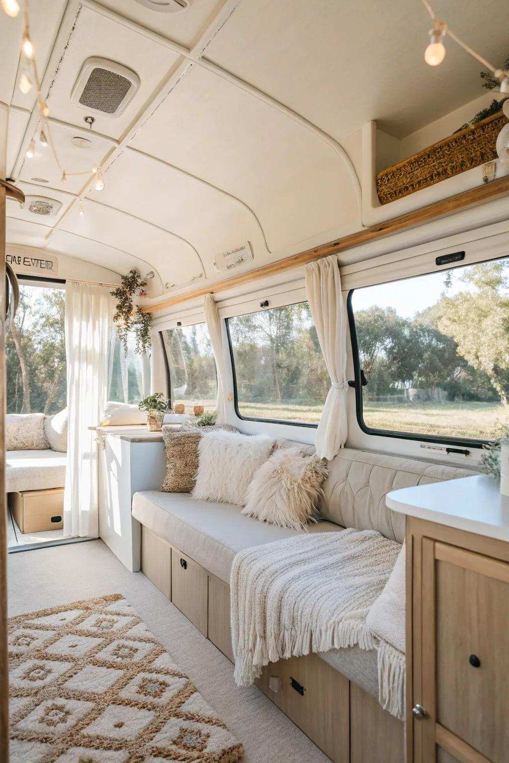 The inner space of a recreational vehicle showcasing expansive windows and a light-toned aesthetic, thereby engendering a sense of radiance and spaciousness.