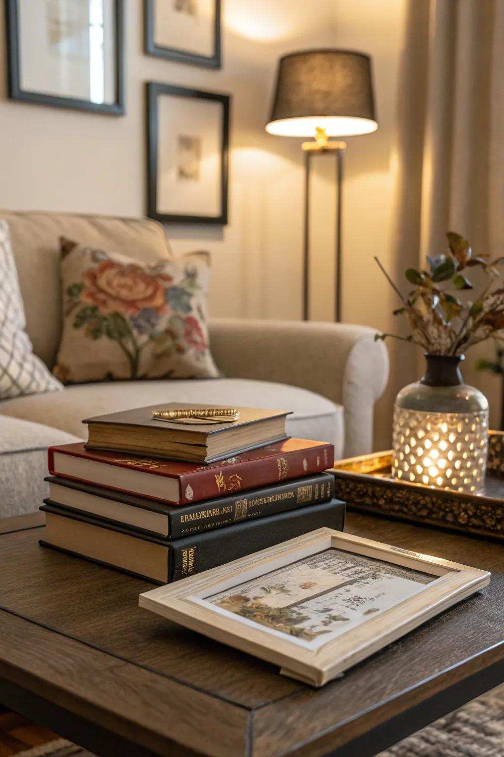 The integration of books and artistic expressions results in the formation of a miniature gallery on your tabletop.